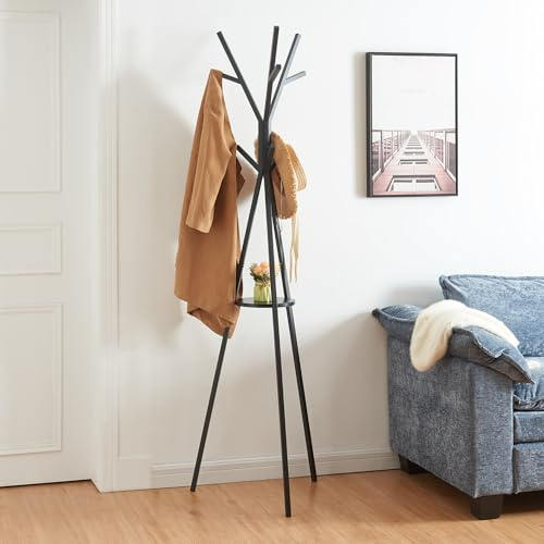[en.casa] Appendiabiti da Terra ad Albero in Metallo Stand Porta Abiti con Ripiano Rotondo e Rami Attaccapanni per Ingresso Corridoio Casa Ufficio Altezza 179 cm - Nero