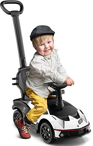 GOPLUS Coche de Paseo Lamborghini 3 en 1 (Licenciado), Cochecito Infantil con Asa de Empuje, Barandilla con Reposabrazos, Almacén Bajo el Asiento, Bocina y Reposapiés Extensible (Blanco)