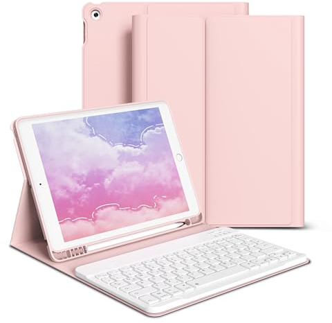 GKABXY Custodia per tastiera per iPad 9/8/7 generazione (2021/2020/2019) 10,2 pollici, retro morbido in TPU con portapenna, layout QWERTZ, tastiera Bluetooth rimovibile magnetica, rosa