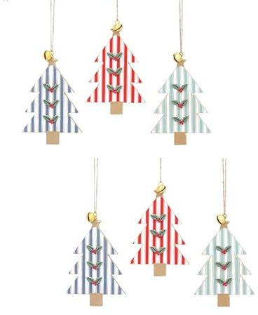 Gisela Graham Albero di Natale in legno con decorazione agrifoglio - set di 6
