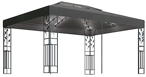Tente de fête, carport, tonnelle, tonnelle, avec double toit et guirlande lumineuse LED, 3 x 4 m, anthracite, pour événements, jardin, camping, terrasse