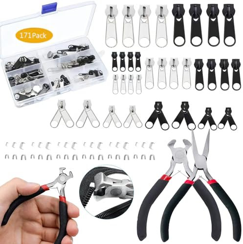 171 Stück Reißverschluss Reparatur Set, Reisverschluss-Reparaturset mit Zangen Metall Schieber Ersatz Reissverschluss Zipper für Jacken Mantel Zelte Taschen Gepäck Schlafsack