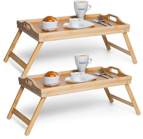 Pack of 2 Bamboo Bed Tray Table with Foldable Legs & Handles, 50 X 30 X 23.5cm Multipurpose Laptray Breakfast | Non Slip Folding Wooden Serving Tray