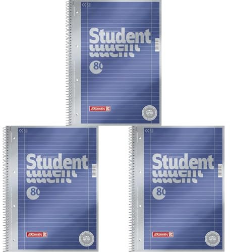 Brunnen Notizblock/Collegeblock Student Premium, 4-fach-gelocht (Veredeltes DeckBlatt mit Metallic-Effekt, A4, liniert Lineatur 27, 90 g/m², 80 Blatt) (Packung mit 3)