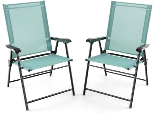 GIANTEX 2er Set Gartenstuhl klappbar, Klappstuhl Balkonstuhl, Terrassenstuhl mit hohen Rücken- & Armlehne, Garten Essstuhl wetterfest aus Metall & Textil, bis 150 kg belastbar (2, Minzgrün)