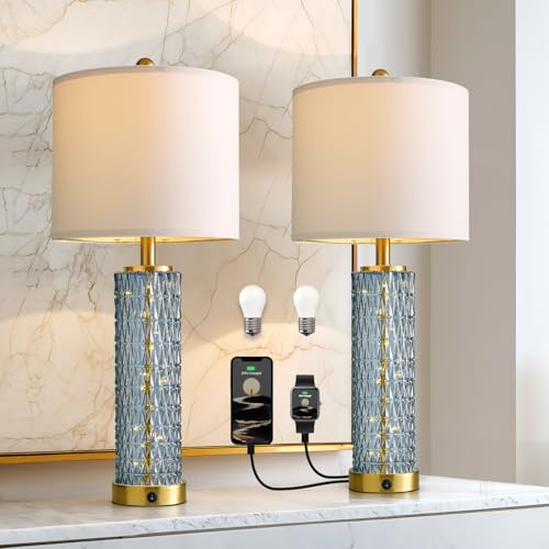 Oneach 27.75” Table Lamps Set of 2, Blue Modern Bedside Lamp with LED Night Light, USB A+C, Glass Lamps for Living Room, Bedroom, Nightstand, Office, End Table (2 Bulbs Included)