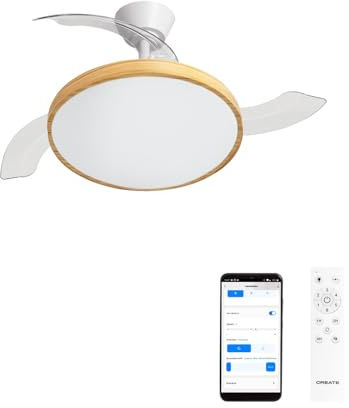 CREATE / WIND CLEAR STUDIO M/Deckenventilator mit Beleuchtung Weiß Hellesholzflügel mit WLAN und Fernbedienung / 40W, Timer, Ø108 cm, einziehbare Flügel, 3 LED-Temperaturen, Sommer-Winterbetrieb