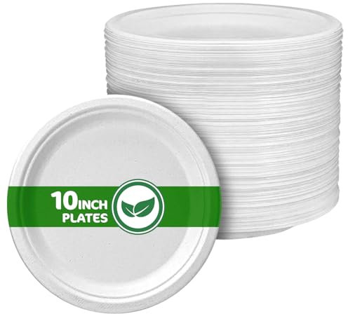 Disposable Paper Plate 10 Inch Heavy Duty Strong Bagasse Compostable Eco-Friendly Natural Sugarcane Fibers Round Plates for Hot & Cold Food Catering BirthdayDinner Party Office Picnic BBQs 100 Plates