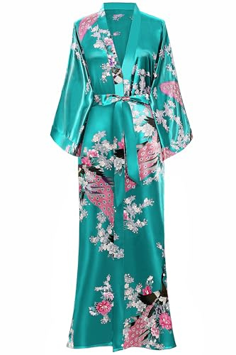 BABEYOND Dammorgonrock, maxi, lång silke, satin, kimono, klänning, påfågelmönster, kimono, badrock, damer, lång morgonrock, sovrock, flicka, pyjamasparty, 135 cm lång, Mörkgrön, one size stor