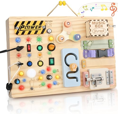 Joyreal Wooden Busy Board for Toddlers, Activity Montessori Toy for 2 3 Year Old, with 20 LED Lights 19 Fine Motor skills, Music Box, Birthday Easter for Boys Girls
