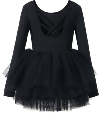 Elegante vestido de baile para niña con diseño de manga larga, falda tutú para entrenamiento de ballet y actuaciones escénicas como disfraz profesional de ballet, Negro , 7-8 años