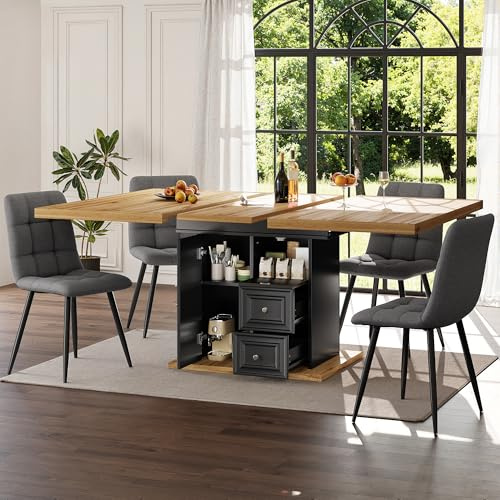Gxffipw Esstisch Ausziehbar Küchentisch mit Schubladen für 4-6 Personen, Esszimmertische mit Stauraum, Esszimmertisch Ausziehbar Esszimmermöbel, Holzfarbe+Schwarz, 110-140x80x75 cm