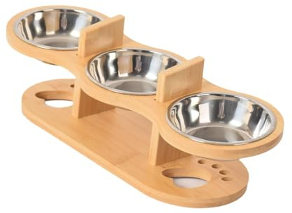 ZGUZMCMK 3 Stück Erhöhte Katzen Futternapf Futterstation mit Holzgestell Futterschale Wassernapf Fressnapf Ergonomisch Und Leicht für Katzenhaushalte Mehrkatze, Edelstahl
