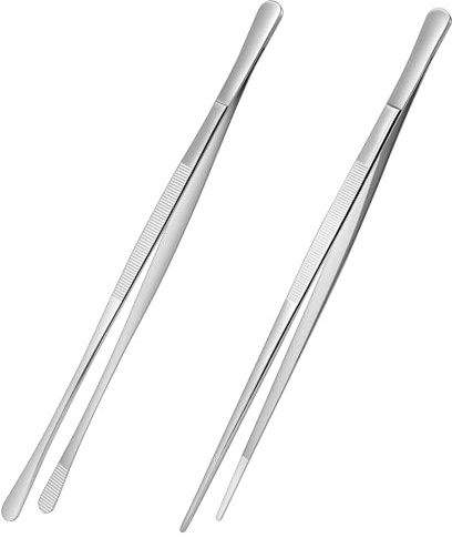 Adiwo Kökspincetttänger 2 st, 30 cm extra lång halkfri matlagningspincett, rostfritt stål metall mattänger, för grillning, stekning, sallad, varm gryta, luftfritös, silver – rakt huvud + runt huvud