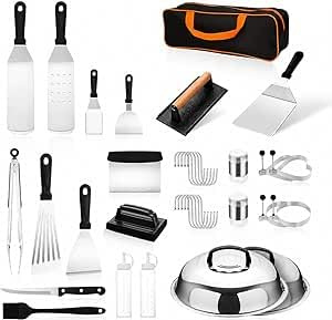 BBQ Grill Zubehör Set 34-teilig aus Edelstahl – Komplettes Grillbesteck mit Zange, Spateln, Burgerpresse, Soßenflaschen & Tragetasche – Profi Grillset für BBQ, Plancha & Outdoor Küche