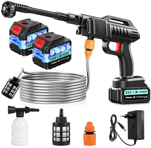papasbox Rondella ad alta pressione a batteria 100 Bar 270 L/H Idropulitrice Potente Pistola portatile con 2 batterie 21V 3000mAh per auto terrazza 6 in 1 ugello 5m tubo
