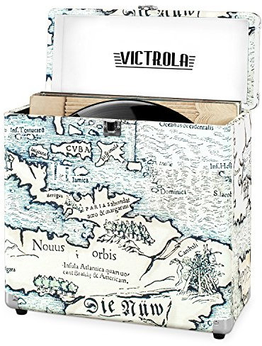 Victrola - Custodia da trasporto vintage in vinile, per oltre 30 dischi, motivo: mappa retrò