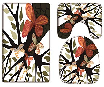 A.Monamour Badezimmer Badematte 3 Teilig Set Baum-Silhouette Mit Grünen Blättern Schmetterlingen Bild Zeichnen Flanell Saugfähig Badteppiche Badvorleger Badgarnitur WC Vorleger