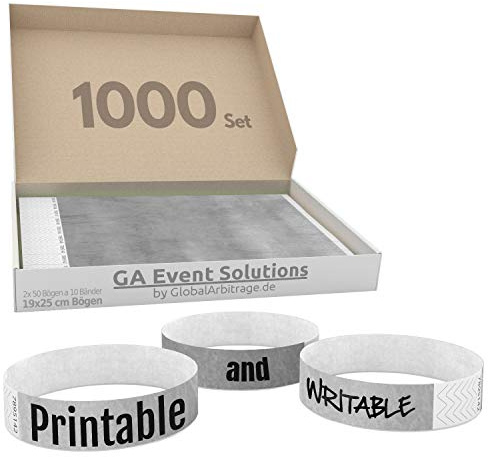 1000 silberne GA Event Solutions Einlassbänder – nummerierte Eintrittsbänder für Events, Festivals und Partys – Kontrollarmbänder mit Sicherheitsverschluss – bedruckbar