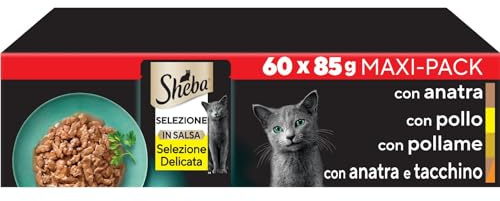 Sheba Sélection en Sauce, Poulet, Dinde, Canard et volaille, Nourriture Humide complète pour Chats Adultes, 60 sachets de 85g