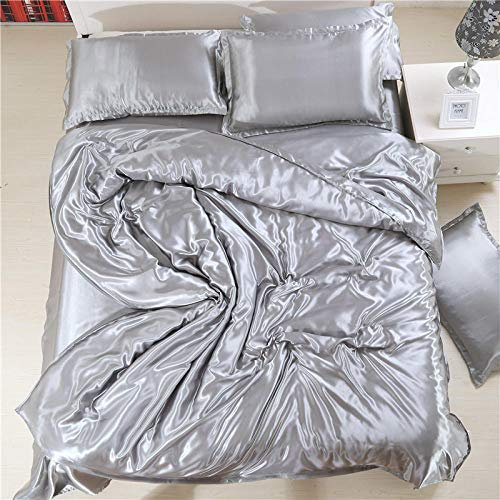 GEEKCOOK Bettbezug 200x220,Vierteilige Steppdecke aus Satin, EIS, Seide, Seide und Seide, Doppelbett-Silber grau_2,0 Bettdecke 200 * 230