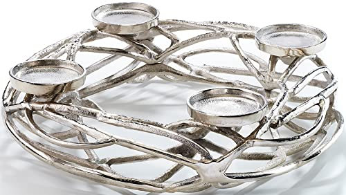 Kobolo Deko-Kranz Adventskranz groß - Metall - Silber - für 4 Kerzen - D40 cm