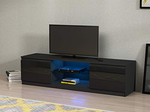 Panana Modern TV Unit Cabinet Stand LED Cupboard 160CM Matt Body and High Gloss Front (White) (Black)