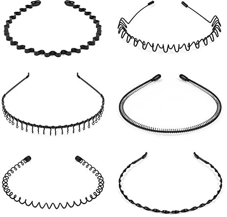 URAQT Metall Haarreifen Unisex, 6 Stück Spring Wave Haarband Multi-Style Stirnband Zubehör, Damen Herren Rutschfestes Elastisches Haarbänder Haarschmuck für Outdoor Sports Yoga, Schwarz