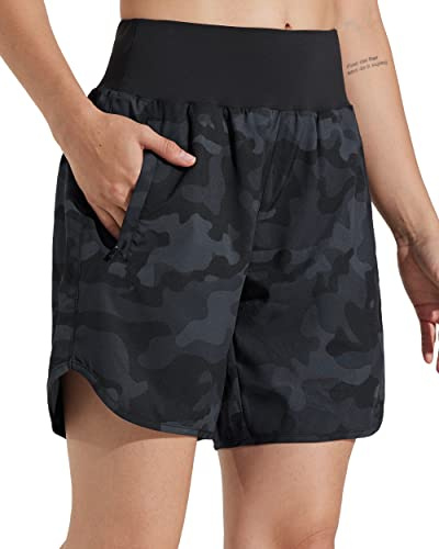 Libin Pantalone Corto Mujer de Deporte con Forro de Secado Rápido Running Atléticos Yoga Gimnasio Shorts con Bolsillos Cremallera, Camuflaje Negro L