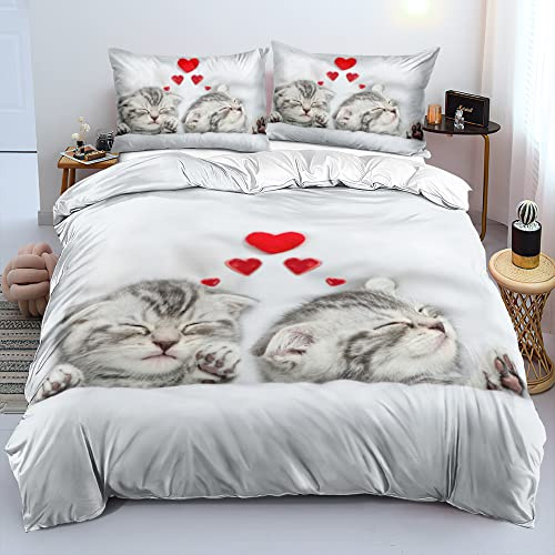 Gezu Bettwäsche 135x200cm Katze Katzenmotiv Grau Weiß Herzen Rot Wende Bettwäsche Set 3D Effekt Druck Microfaser Bettbezug und Kissenbezug 80x80cm mit Reißverschluss