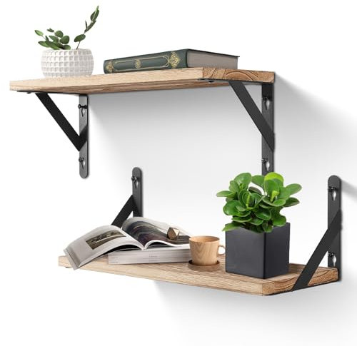 Uten Wandregal Holz Rustikal, Schweberegal 42cm 2er Set Metalldraht für Wohnzimmer, Schlafzimmer,Küchenregal, Holzfarbe,Vintag Hellbraun