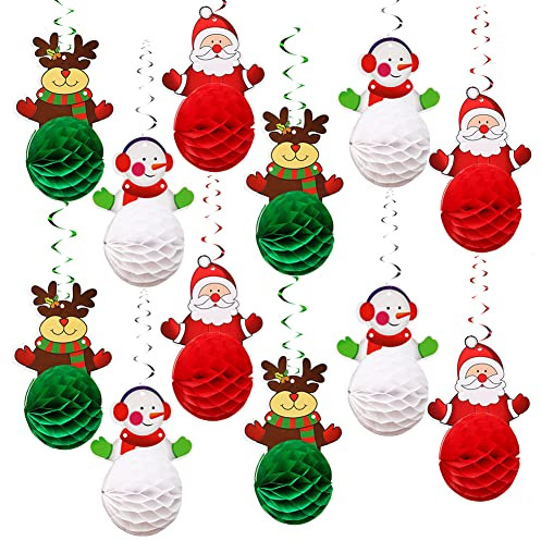 TSLBW 12 Pcs Christmas Decorations Set Christmas Decoration Honeycomb Balls Christmas Hanging Swirls Decorations Balls Santa Reindeer Snowman Ceiling Swirls Dangling Decorations