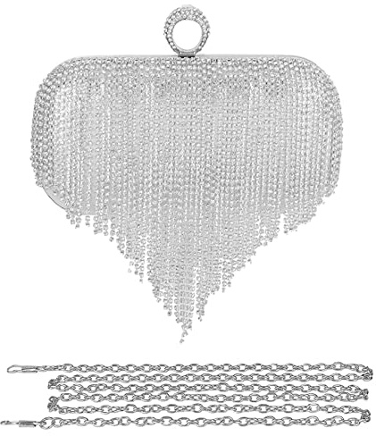 CORIOS Damen Glitzer Clutch Strass Fransen Abendtasche Strass Fransen Abendtasche Braut Handtasche Abnehmbarer Kette Umhängetasche Schultertasche für Hochzeit Abendparty Tanzparty Silber