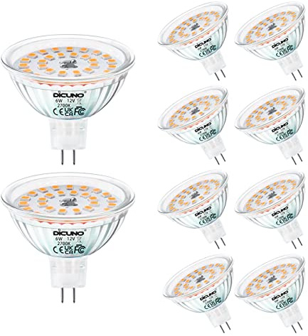 DiCUNO MR16 GU5.3 LED Bulbs, 12V, 6W=70W, Warm White 2700K, 530LM, 10Pcs | GU5.3 Spotlight Bulb, 70W Halogen Equivalent, Non-Dimmmable, 120° Beam Angle, GU5.3 Bi-Pin Base Track Light