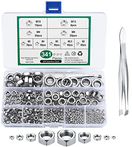 341 Pezzi Dadi Esagonali, Dadi di Bloccaggio Autobloccanti, Dadi Autobloccante Controdado a Vite in Acciaio Inossidabile, Dadi a Bullone Fissaggio Esagonale, M2/M2.5/M3/M4/M5/M6/M8/M10/M12