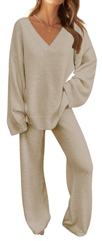 MEROKEETY Women's Lounge Sets 2025 Fall Fashion 2 Piece Outfits Sweater Pajama Set Fuzzy Loungewear Matching Winter Clothes,Lightkhaki,L