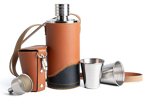 PDYCESS Fiaschetta in Pelle PU 500ml Fiasco in Acciaio Inox con Imbuto e Tazze Portatile Fiaschetta per Liquori Regalo per Uomini Campeggio Arrampicata Pesca