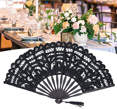 Tomotato Handfaltfächer im Vintage Stil mit Quaste und Spitzen, Faltender Chinesischer Fächer mit Holzknochen für Party Hochzeit Geschenke Auftritt Wanddekoration(Schwarz)
