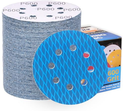 Papel de lija con forma de diamante, 125 mm, velcro 600, grano 600, 80 unidades, discos abrasivos para lijadora excéntrica, 8 agujeros, hojas de lija antibloqueo, profesional para madera, metal y