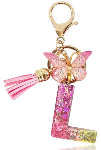 Yanmucy Buchstaben Schlüsselanhänger Mädchen Ringe Lila Niedlich Schlüsselanhänger Glitzer mit Schmetterling Quasten Harz Keychain Aesthetic für Tasche Charme Frauen Mädchen Tasche Dec (L)