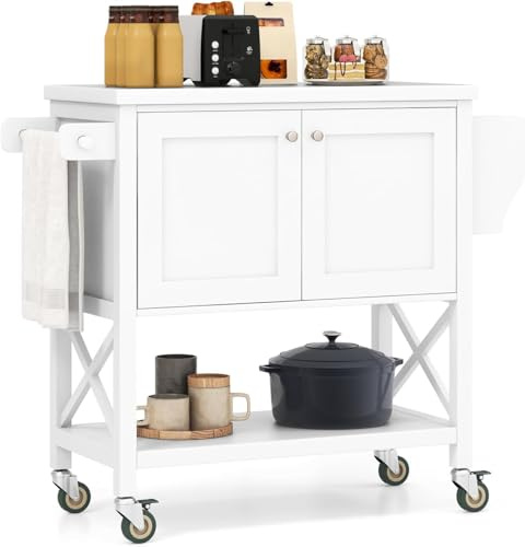 GIANTEX Carrello da cucina mobile con piano di lavoro, armadio e ripiani aperti, tavolo da isola con ruote girevoli con portasciugamani e portaspezie per bar, sala da pranzo, bianco, NF88928ZKES