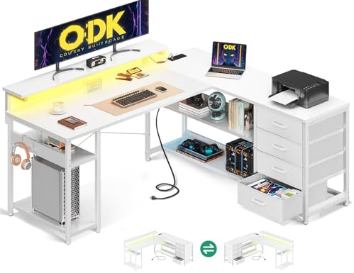 ODK Corner Desk with Drawers, L Shaped Gaming Desk with LED Lights & Power Outlets, Reversible Computer Desks for Home Office Workstation, Office Desks with Monitor Shelf, 135×110 cm, White