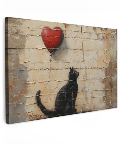 MuchoWow© Bilder Groß XXL Wohnzimmer Deko Modern Wandbild Kunstdruck | 120x80 cm - Leinwand Bild Schlafzimmer über Bett Room Decor Geschenke Street art - Katze - Ballon - Graffiti - Banksy