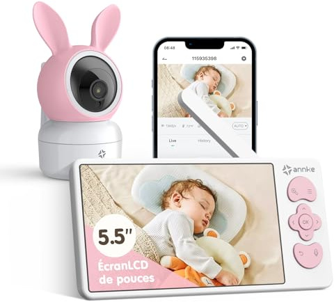 ANNKE Baby Camera Monitor Video Baby con 5.5 IPS Display LCD, PT Fotocamera 3MP, Controllo APP per iOS & Android, Zoom 4X, Rilevamento di Movimenti e Suoni, Promemoria di alimentazione, Audio