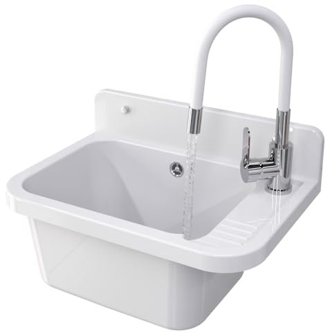 GRANITAN Lavandino da Esterno Moderno per Garage e Lavanderia - Lavatoio per Installazione Interna ed Esterna - Pilozzo da Esterno Giardino - 50x34x31 cm - (Bianco + Rubinetto del Lavello FLEX)