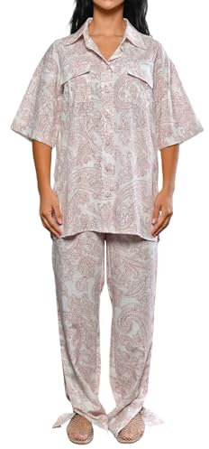 Frauen 2 Stück Pyjama Set Cute Plaid Stripe Pyjama Pants Set Y2K Printed Short Sleeve Top mit Hose,Sommer Loungewear Sleepwear (Khaki, M)