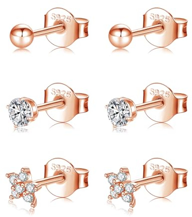 Sterling Silver Stud Earrings for Women Girls, 3 Pairs Hypoallergenic Silver Ball Round Cubic Zirconia Stud Earrings set, Small Helix Cartilage Sleepers Flower Stud Piercing Earrings Gift 3/4/5mm