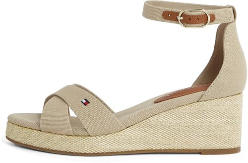 Tommy Hilfiger Damen Wedge Sandalen Flag Criss-Cros Mid mit Knöchelriemen, Beige (Horseradish), 38