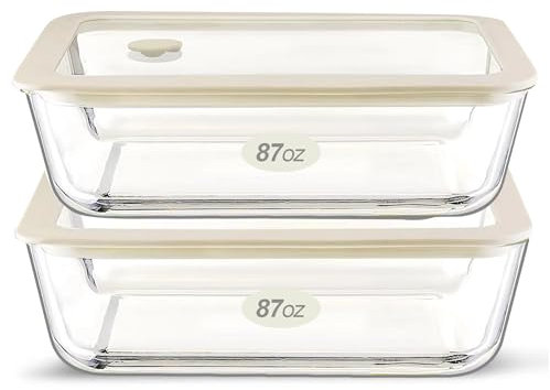 Urban Green Glass Food Container Set with Glass Lid, Large Meal Prep Container Set, Airtight Food Storage Containers with Air Vent Lid, 2 Pack, Large, 87oz, LeakProof, 100% Plastic Free, White color,
