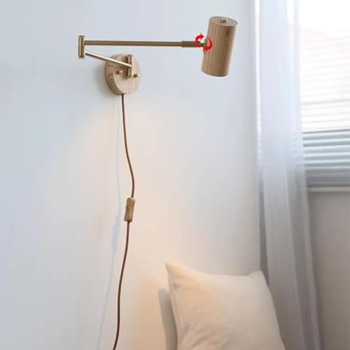 LOGT Wandleuchte mit Stecker und Kabel Wandlampe Schwenkarm Innen mit Schalter Wandstrahler Retro Industrial Leselampe E27 Holz und Metall Nachttischleuchte für Schlafzimmer Arbeit Hotel,B,2